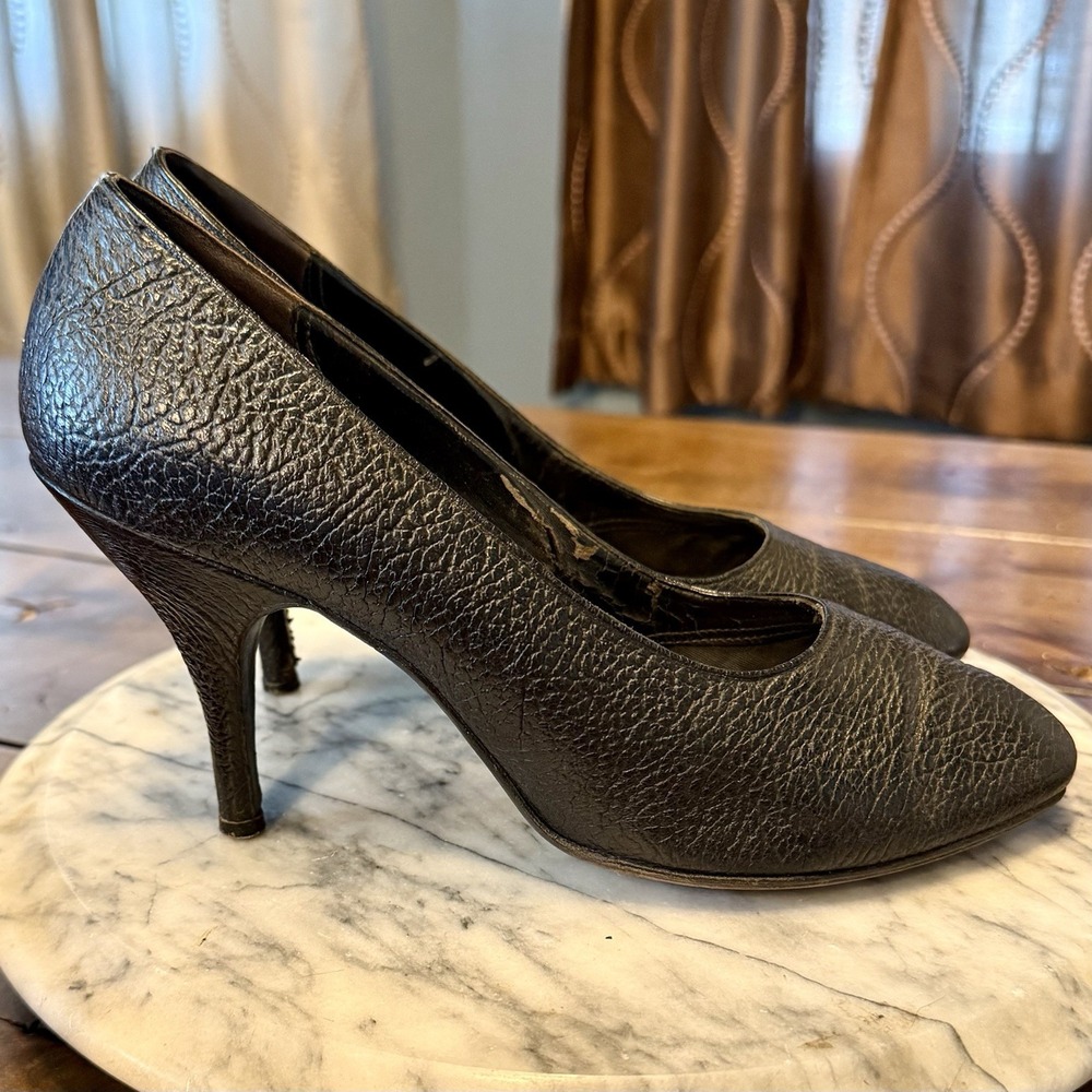 VTG 1950s MCM Classic Black Pebbled Leather Pumps 3.5" Heels Women Sz 8 EU 39‎